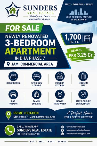 FOR SALE: Newly Renovated 3-Bedroom Apartment in DHA Phase 7 Jami Commercial Area 1,700 Sq. Ft. | Lift, Car Parking & Family Building | Call Sunders Rea; Estate For More Details & Visit