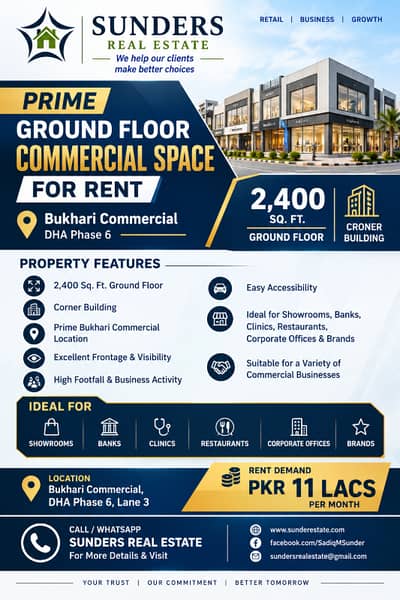 Prime Location 2,400 Sqft Corner Commercial Space On Ground Floor for Rent Bukhari Commercial, DHA Phase 6 (PKR 11 Lacs/Month | All Around Banks, Food Chains, Clothe Brands | Ample Car Parking | Reasonable Demand | Call Sunders Real Estate