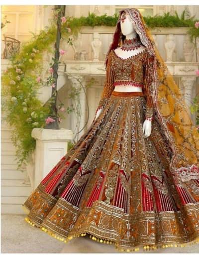 Heavy Bridal 19-Kali Lehenga |Designer Dress|Antique Mustard & Maroon