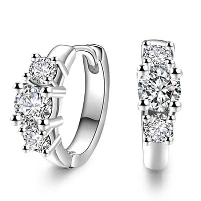 Three Diamond Zircon Earrings White Gold Finish - COD