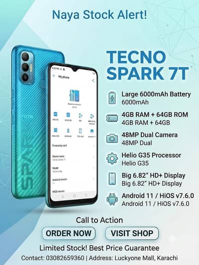 tecno spark 7t 4+64gb pta approved