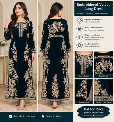 Heavy Wedding Dress | Zinc Blue Velvet | Antique Gold Embroidery