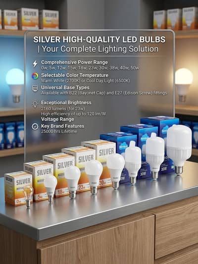 Silver High-Quality LED Bulbs - Complete Lighting Solution (0W to 50W)
