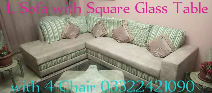 L Shape Sofa with Square Glass Table with 4 Stools