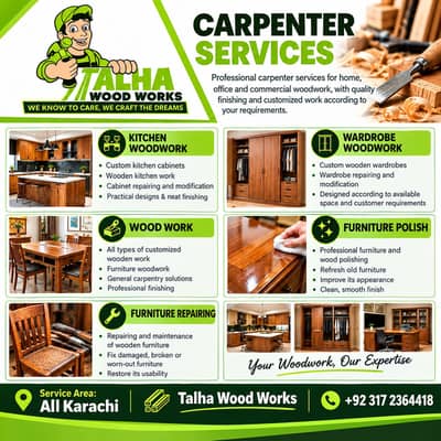 Carpenter-Kitchen,Wardrobe Wood ,Polish & Furniture Repairing Service