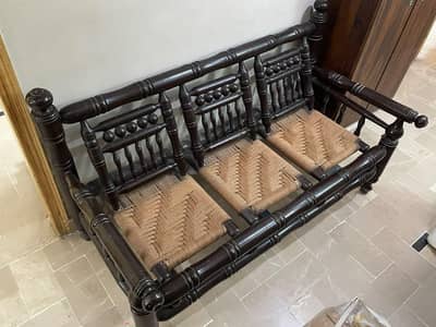 5-Seater Dark Brown Sofa Set – Akhroti Wood & Jute Weaving
