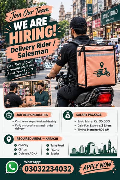 Delivery Rider / Salesman Required – Karachi | 35K + Fuel
