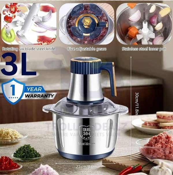 T  Premium - Quality Multi-Function Food Processor 3L Capacity - Hand blender - Stainless steel bowl - Meat chopper - Grinder machine - Qeema machine - Mincer - Slicer machine - House hold mini electric food grinder - Kitchen Home Appliances
