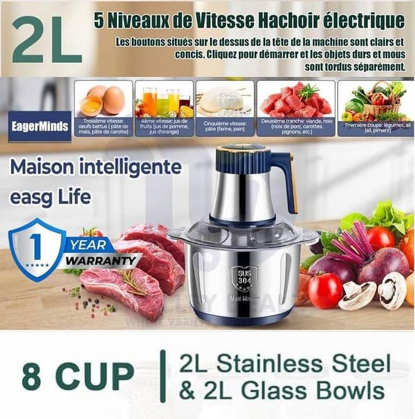 T  Premium - Quality Multi-Function Food Processor 2L Capacity - Hand blender - Stainless steel bowl - Meat chopper - Grinder machine - Qeema machine - Mincer - Slicer machine - House hold mini electric food grinder - Kitchen Home Appliances