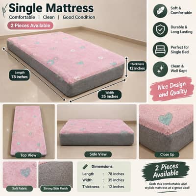 Pink Single Mattress – 78 × 35 × 12 Inches | 2 Pieces Available