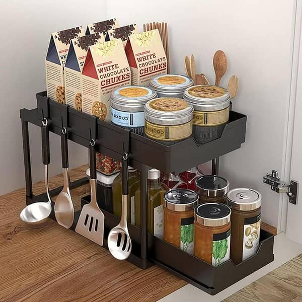 T  Double-Layer Multifunction Kitchen Storage Rack, Kitchen Storage Holder Sliding Seasoning Shelf Home Accessories