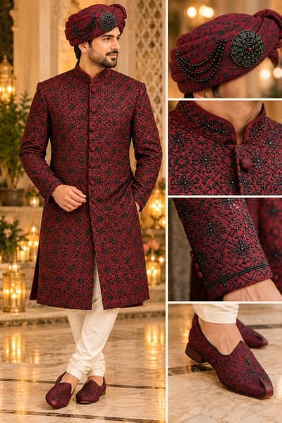 Cut dana work sherwani - wedding wear with matching turban and khussaa