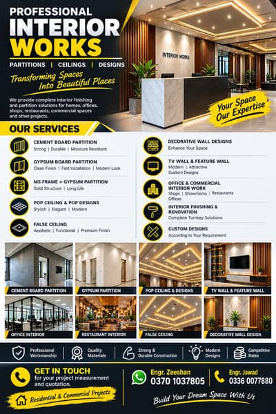 Gypsum & Cement Board Partition | POP Ceiling | Interior Works