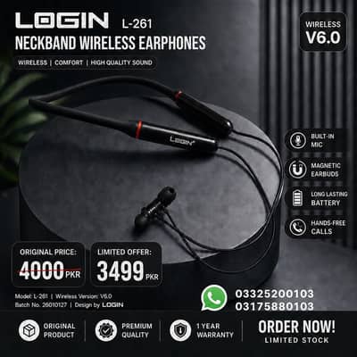 LOGIN L-261 Neckband Wireless Earphones - V6.0 (1 Year Warranty)