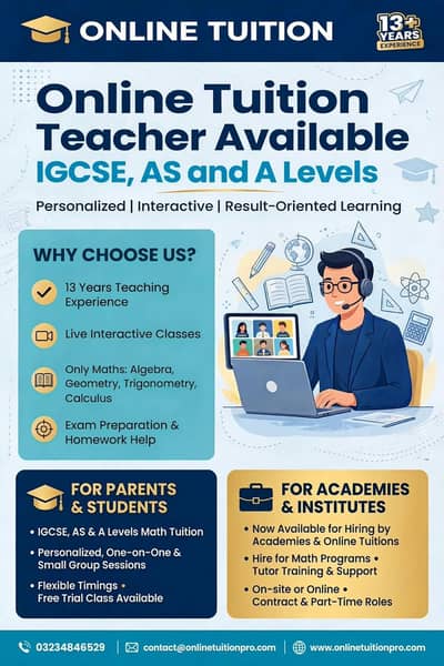 online home tutor and academy tutor availablebfor math only 13+ years