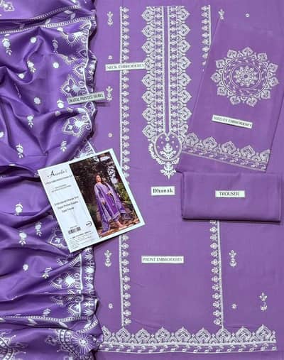 Lilac Embroidered 3pc. . unstitched suit for women 1 . stock