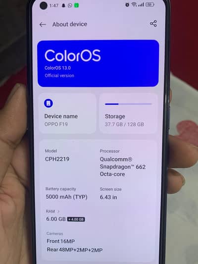 OPPO F19 10/10 condition 6+4Gb Ram and 128Gb storage