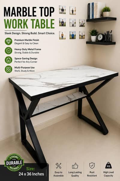 Modern Marble Top Work Table / Study Desk (24 x 36 Inches)