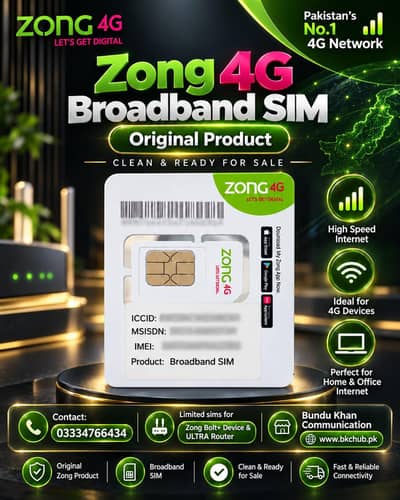 Original Zong 4G MBB SIM for Bolt Plus, USB, Cloud & Router