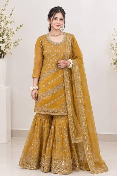 3 PC mustard clr grara dress for mehndi full heavy party wear