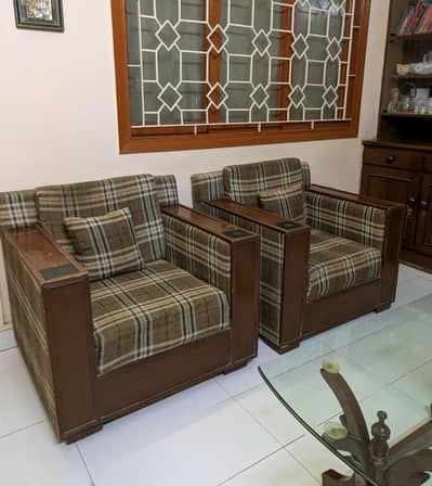 5-Seater Solid Wood Sofa Set + Glass Top Center Table