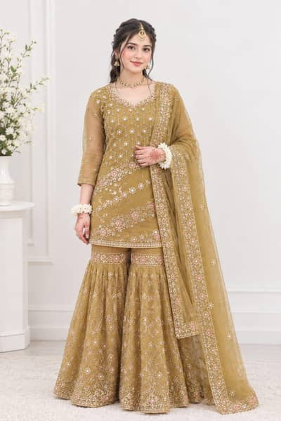 mhndi ghrara dress olive green clr full heavy party wear dress