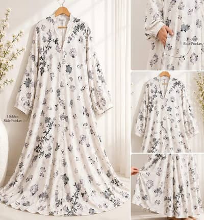 White Printed Floral Abaya Girls- Georgette Long Maxi