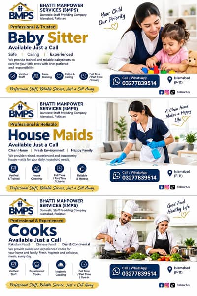 Housemaids, Babysitter, helpers, patient care, office boy domestic