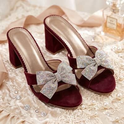 ​Maroon Velvet Slip-On Heels with Rhinestone Bow Accent
