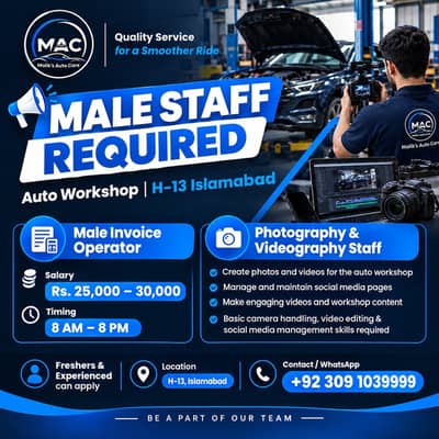 Male Staff Required – Invoice Operator & Photographer/Videographer |