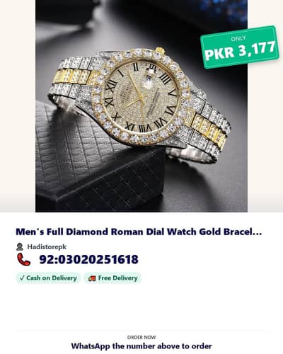 Full Diamond Roman Dial Watch Gold Bracelet