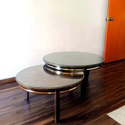 Round Center Tables – Black & Gold, Glass Top (Set of 2)