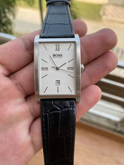 Hugo Boss Quartz Rectangular Watch with Black Leather Strap