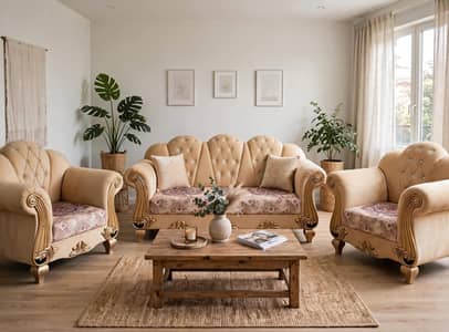Crown 5 Seater Sofa Set (3+1+1) - Beige Velvet - 10/10 Condition