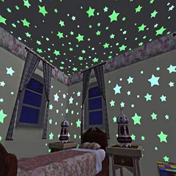 T  Pack of 100 - 3D Glow in the Dark Stars Wall Stickers | Luminous Fluorescent Decals for Kids Room, Baby Nursery, Bedroom & Ceiling Decor | Self-Adhesive Space-Themed Home Decor (UV Reactive)