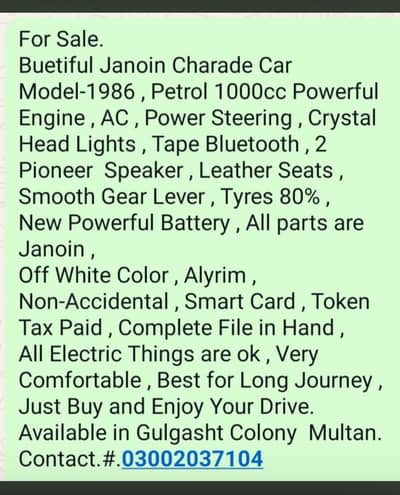 Charade car for sale , 1000cc power ful petrol engine , power steering