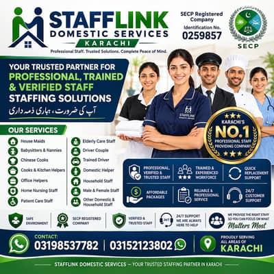 Cook ,Chef, Patient Attendants ,Maids ,Driver , babysitter, Nurse