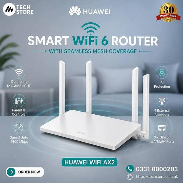 Huawei WiFi AX2 Dual-Band AX1500 WiFi 6 Router | HarmonyOS Mesh+ | Parental Controls Renewed