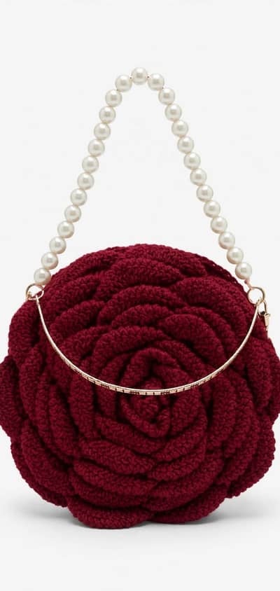 handmade crochet Rose bag-Red with pearl handle