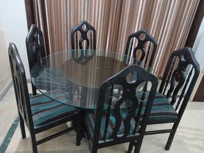 Solid Wood 6-Seater Round Dining Table Set with Thick Glass Top
