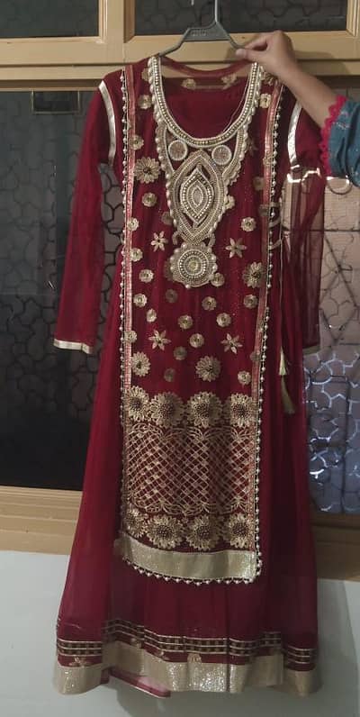 Maroon & Golden Embroidered Party Wear Dress | Medium Size