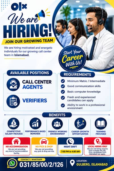 Agents & Verifiers Required | Night Shift | Call jobs | Islamabad