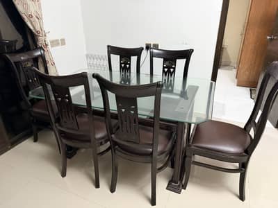 6-Seater Solid Wood Dining Table with Glass Top and 6 Chairs