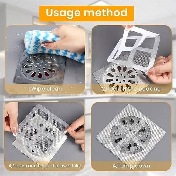 T  4 Pcs Disposable Shower Drain Mesh Sticker Hair Catcher, Self-Adhesive for Bathroom Kitchen Sink Filter Stopper Square Drain Cover for Bathroom, Laundry, Bathtub, Kitchen, Sink