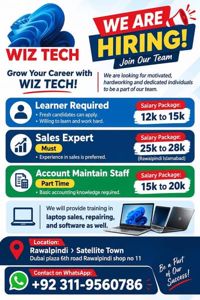 WIZ TECH Hiring – Learner, Sales Expert & Account Staff Required