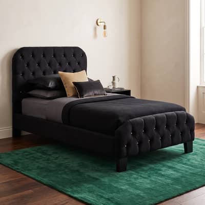 Velvet tufted single bed, Crystal button, chesterfield design ,