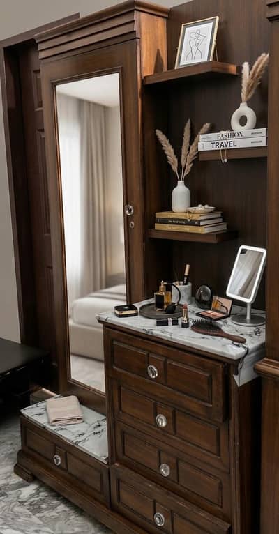 Solid Wood Dressing Table with Full-Length Mirror & Storage
