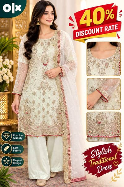 Premium Embroidered 3 Piece Shalwar Kameez – 40% Discount Size (M t L)