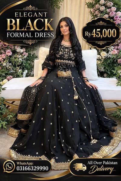 Elegant black and golden formal dress|premium embroidered dress
