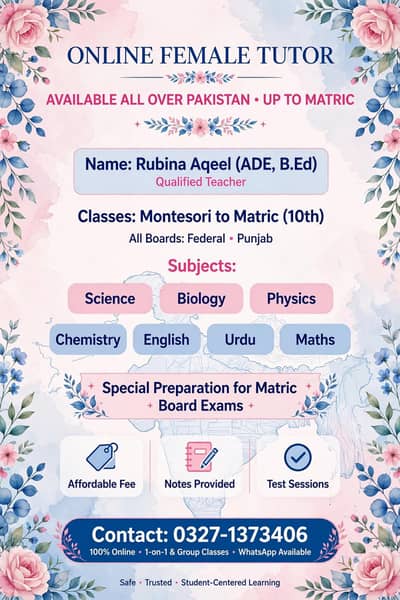 Female tutor for class 9-10 Matric